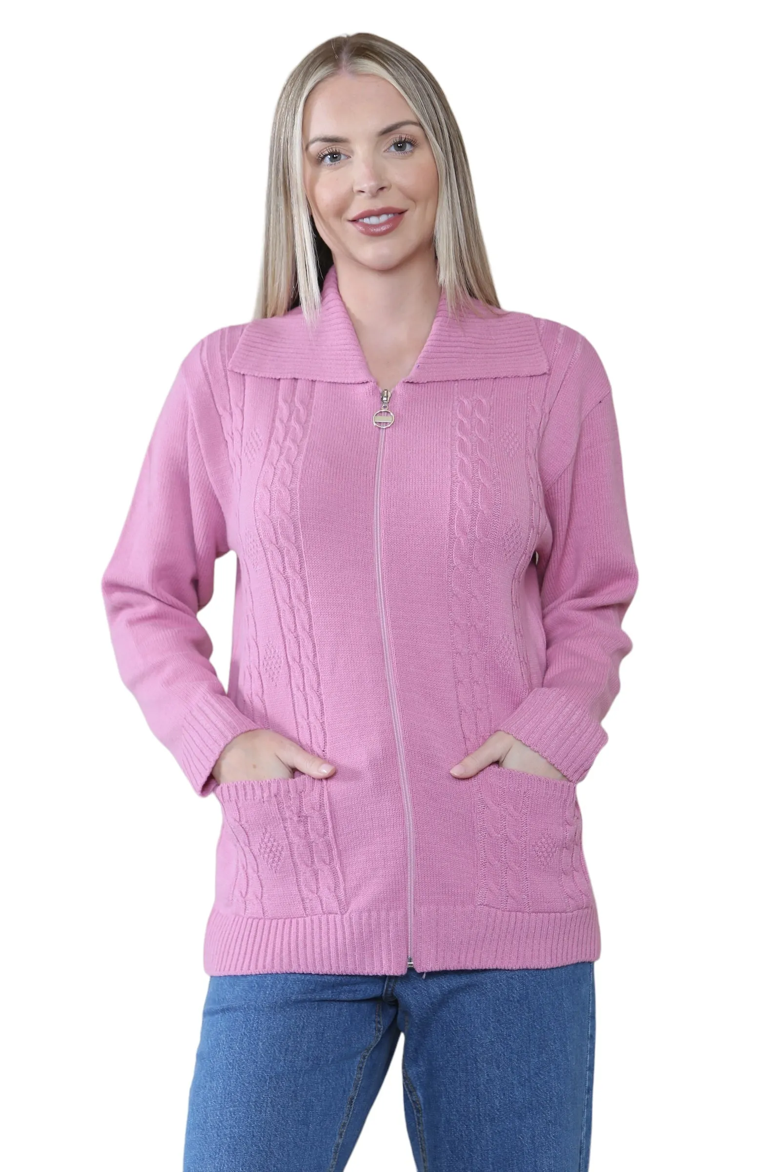 Ladies Plus Size Zip Cardigan Women Zipped Cable Knit Long Sleeve Pocket Jumper