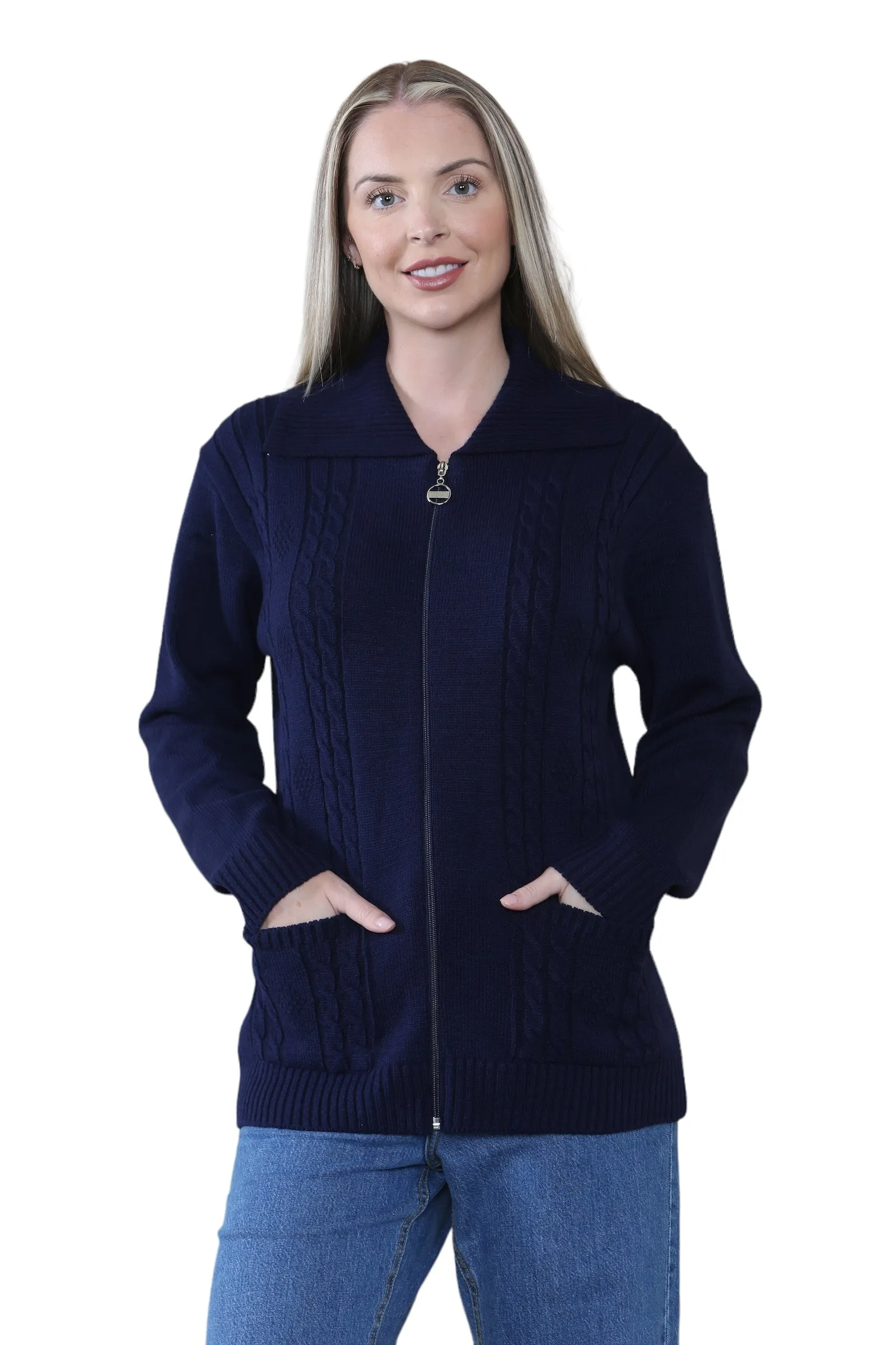 Ladies Plus Size Zip Cardigan Women Zipped Cable Knit Long Sleeve Pocket Jumper