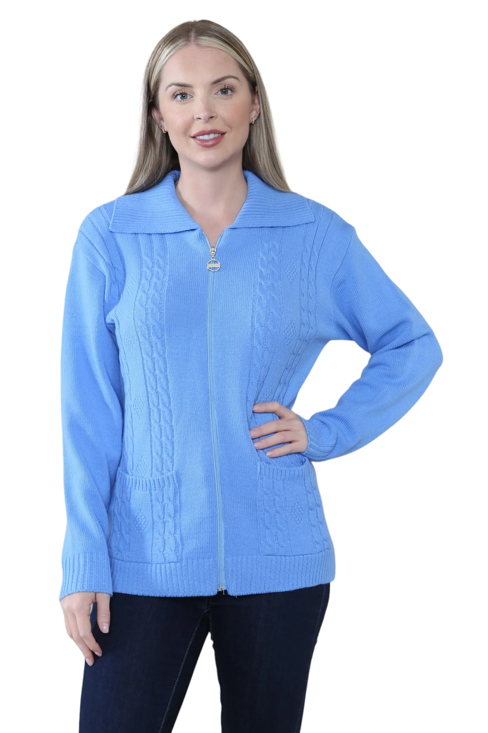 Ladies Plus Size Zip Cardigan Women Zipped Cable Knit Long Sleeve Pocket Jumper