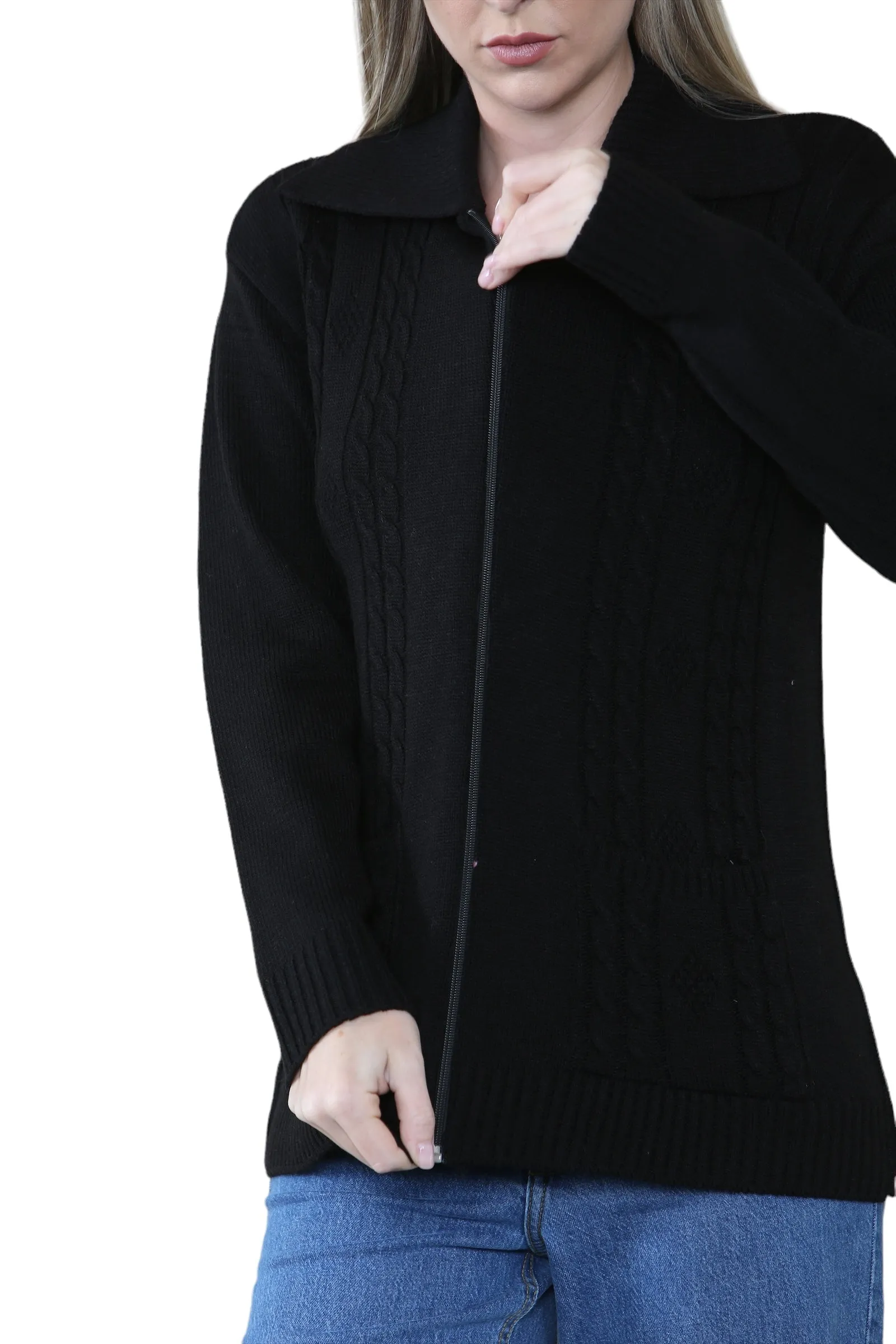 Ladies Plus Size Zip Cardigan Women Zipped Cable Knit Long Sleeve Pocket Jumper