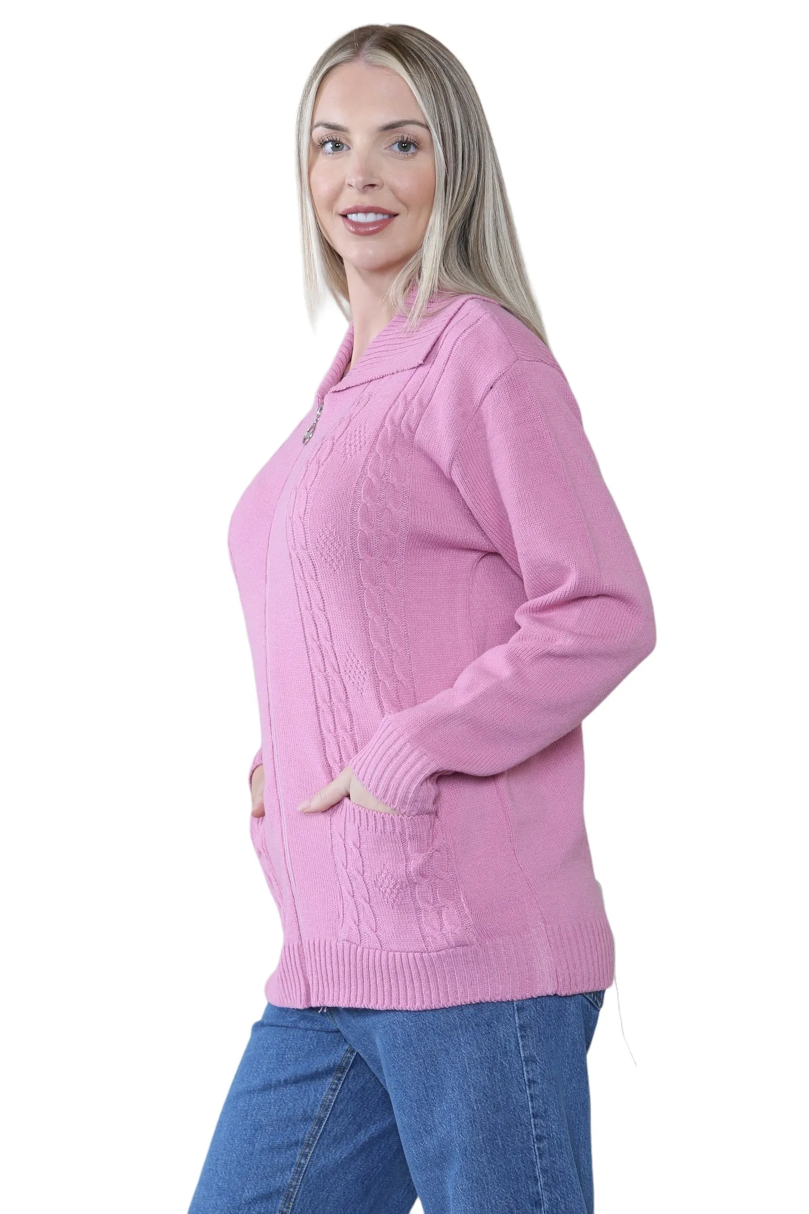 Ladies Plus Size Zip Cardigan Women Zipped Cable Knit Long Sleeve Pocket Jumper