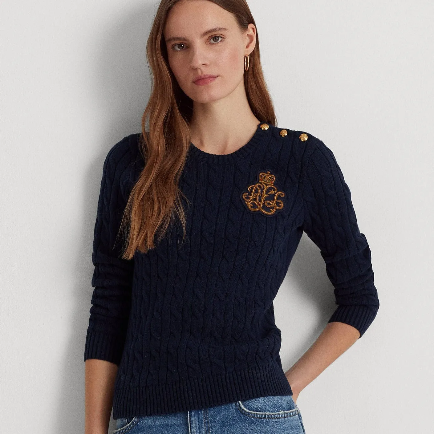 Lauren Ralph Lauren Bullion Cable-Knit Cotton Jumper in Navy