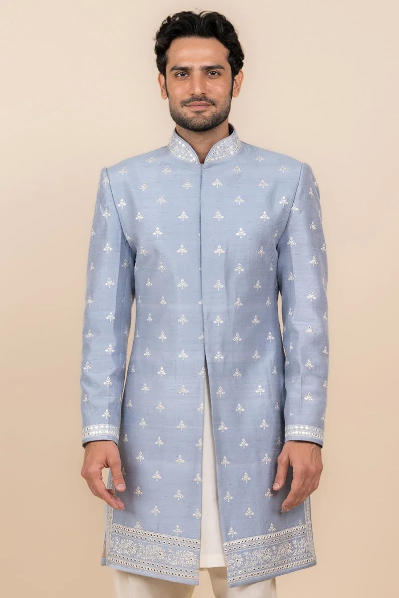 Light Blue All Over Embroidered Achkan In Silk