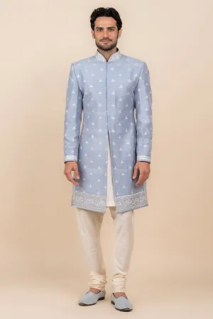 Light Blue All Over Embroidered Achkan In Silk