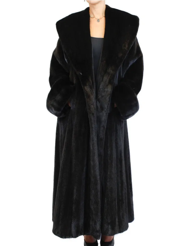 LONG BLACKGLAMA FEMALE MINK FUR ROBE/SWING COAT W/ HUGE COLLAR & CUFFS!