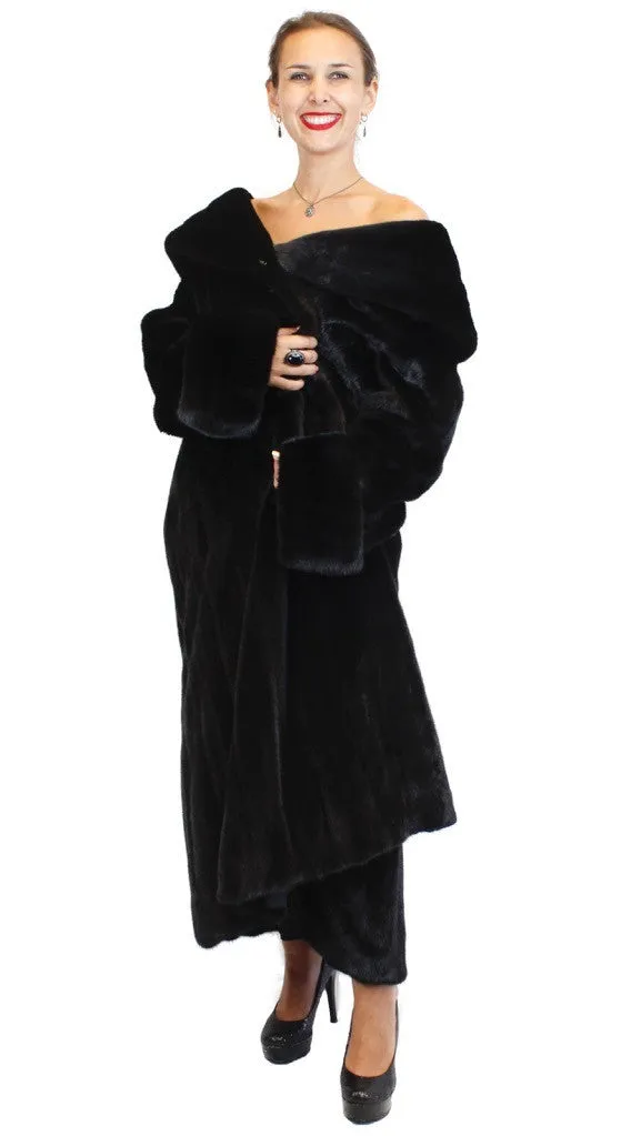 LONG BLACKGLAMA FEMALE MINK FUR ROBE/SWING COAT W/ HUGE COLLAR & CUFFS!