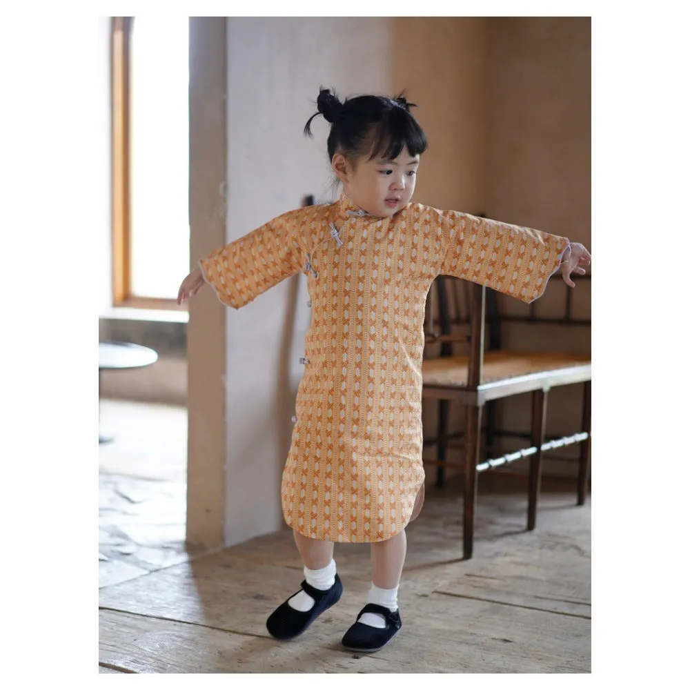 MaNa Girls' Cotton Qipao Dress with Handmade Frog Buttons - Orange Print