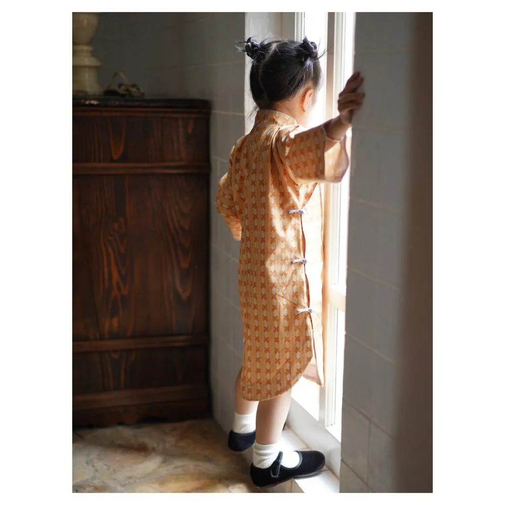 MaNa Girls' Cotton Qipao Dress with Handmade Frog Buttons - Orange Print