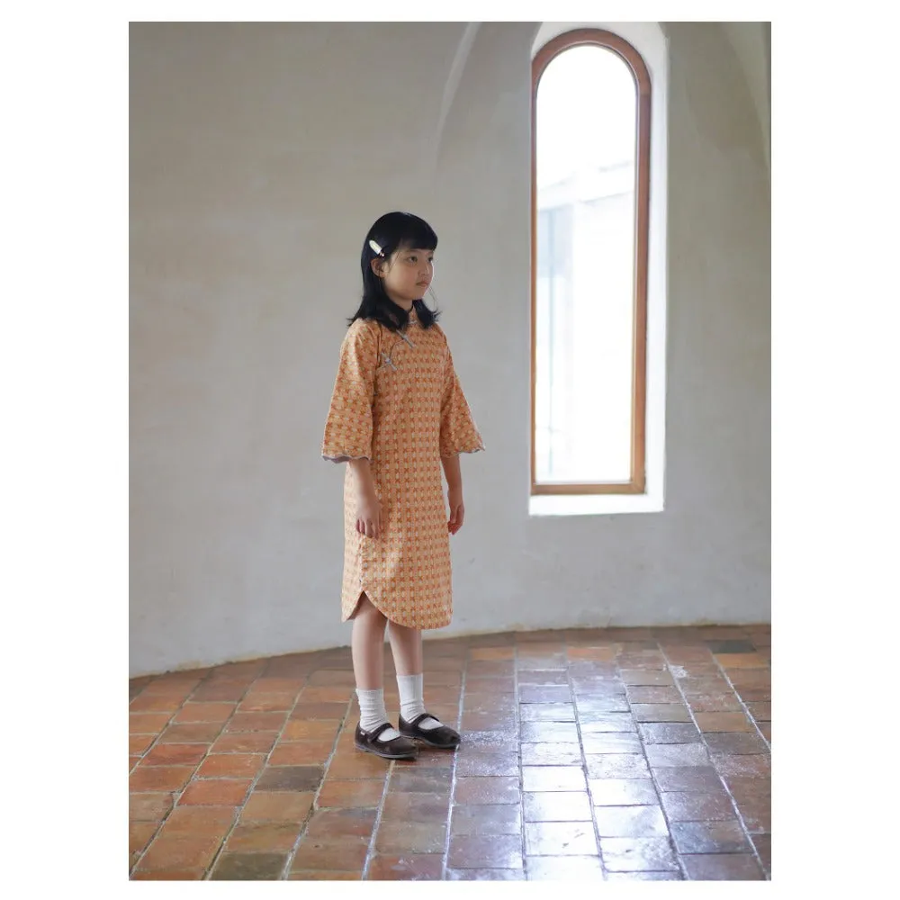 MaNa Girls' Cotton Qipao Dress with Handmade Frog Buttons - Orange Print