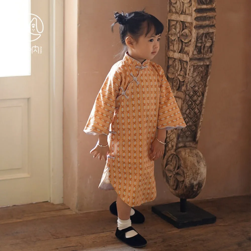 MaNa Girls' Cotton Qipao Dress with Handmade Frog Buttons - Orange Print