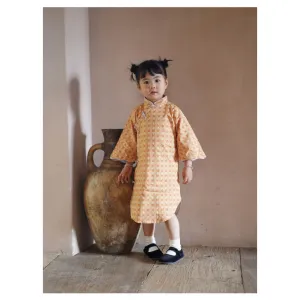 MaNa Girls' Cotton Qipao Dress with Handmade Frog Buttons - Orange Print