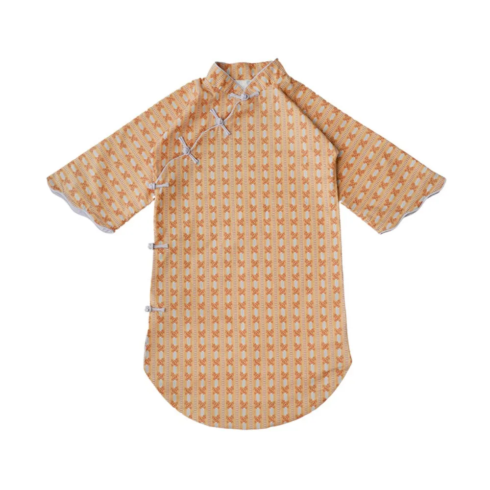 MaNa Girls' Cotton Qipao Dress with Handmade Frog Buttons - Orange Print