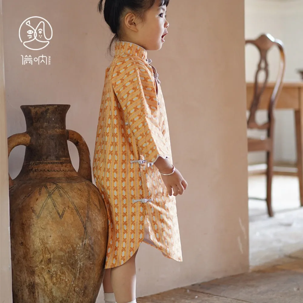 MaNa Girls' Cotton Qipao Dress with Handmade Frog Buttons - Orange Print