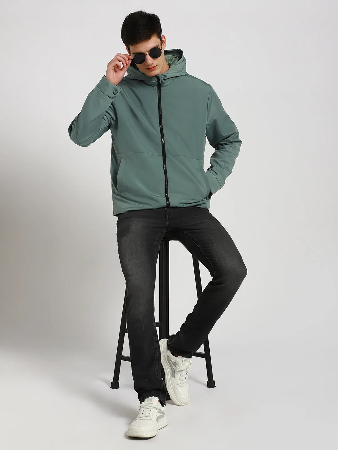 Men's Hooded Regular Fit Solid Petrol Jackets