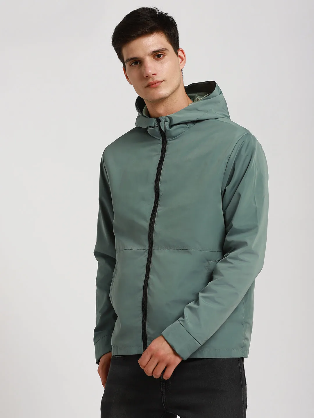 Men's Hooded Regular Fit Solid Petrol Jackets