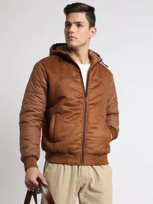 Men's Hooded Regular Fit Suede Solid Tan Jackets