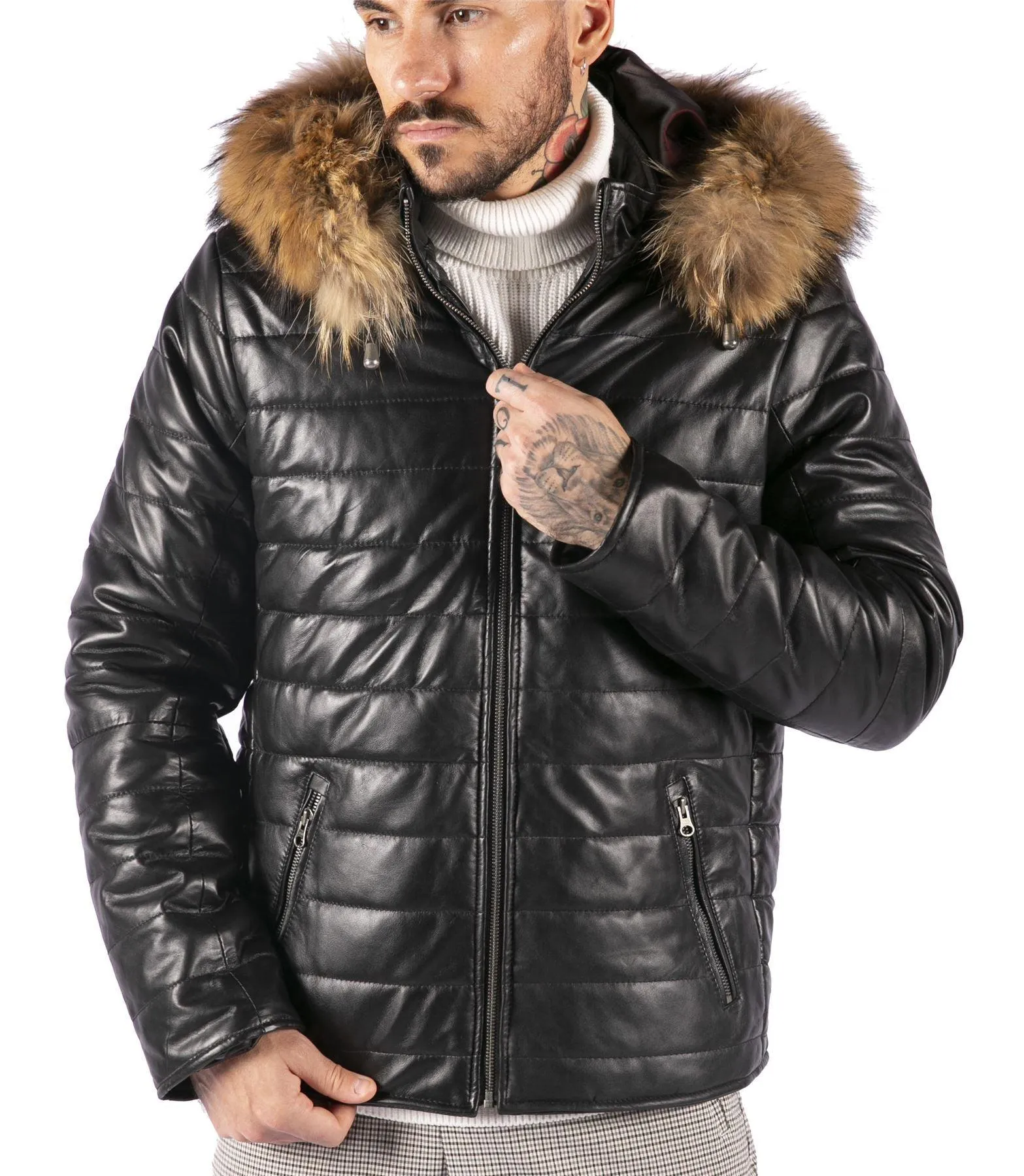 Men's Leather Black Puffer Jacket With Hood Warm Zipped