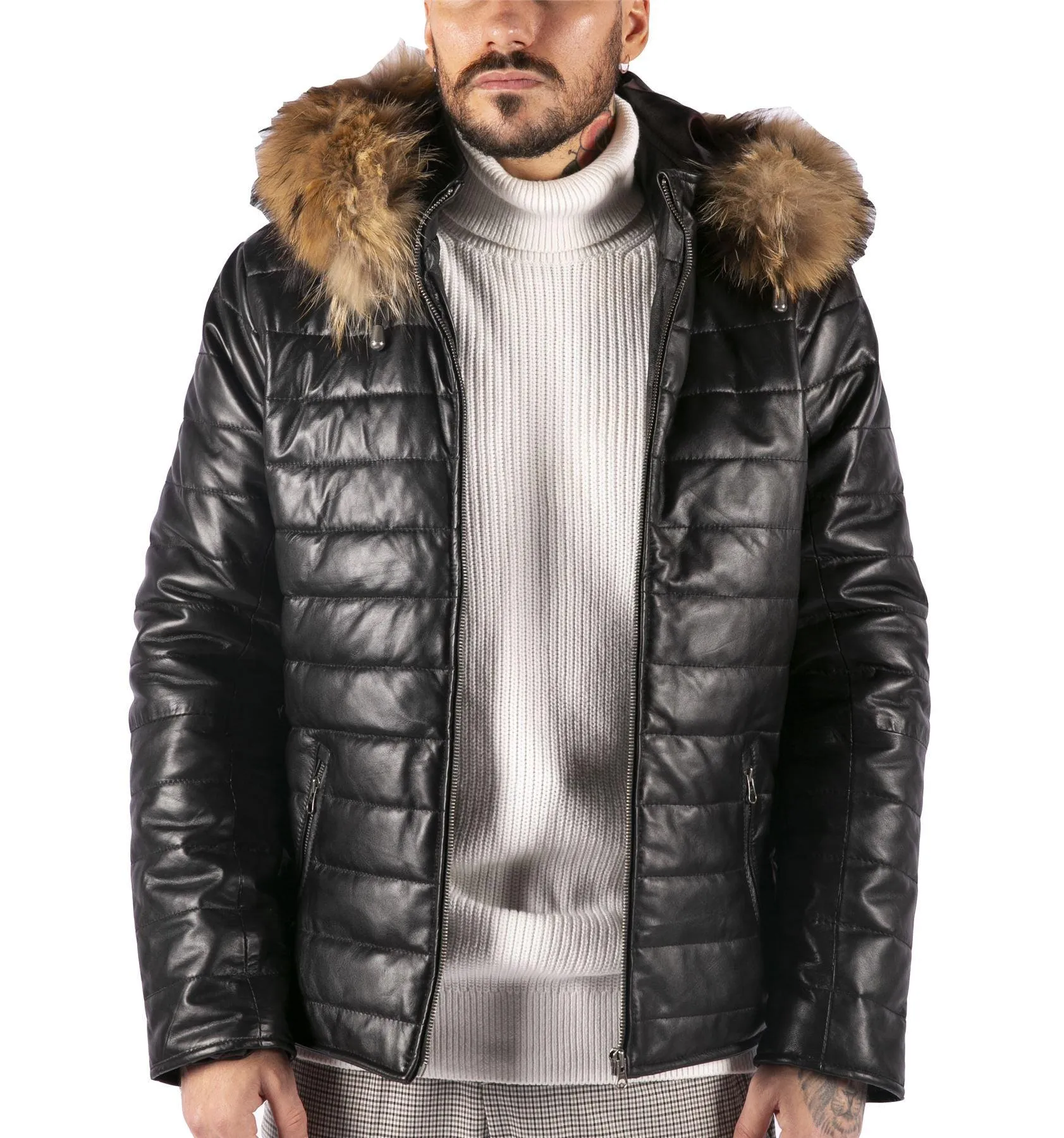 Men's Leather Black Puffer Jacket With Hood Warm Zipped