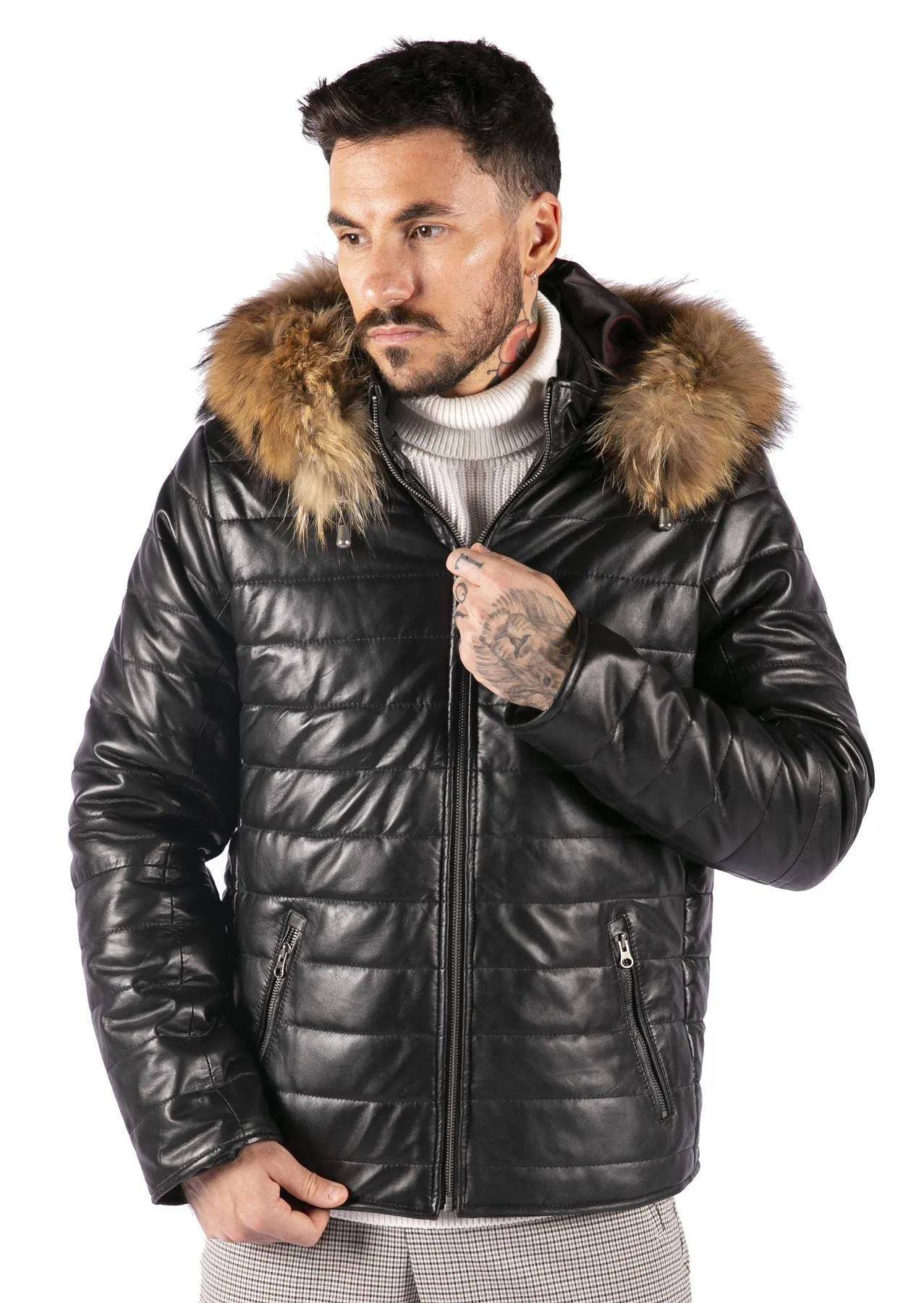 Men's Leather Black Puffer Jacket With Hood Warm Zipped