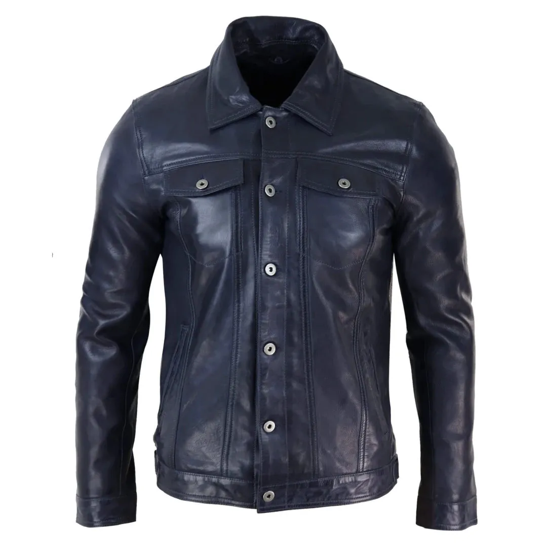 Men's Leather Jeans Jacket Fur Collar Classic Navy Blue