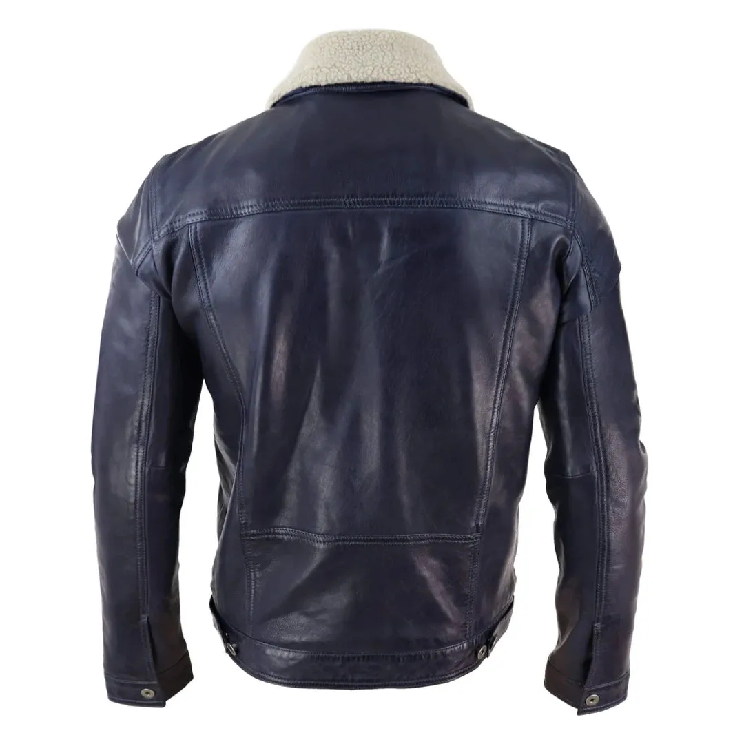 Men's Leather Jeans Jacket Fur Collar Classic Navy Blue