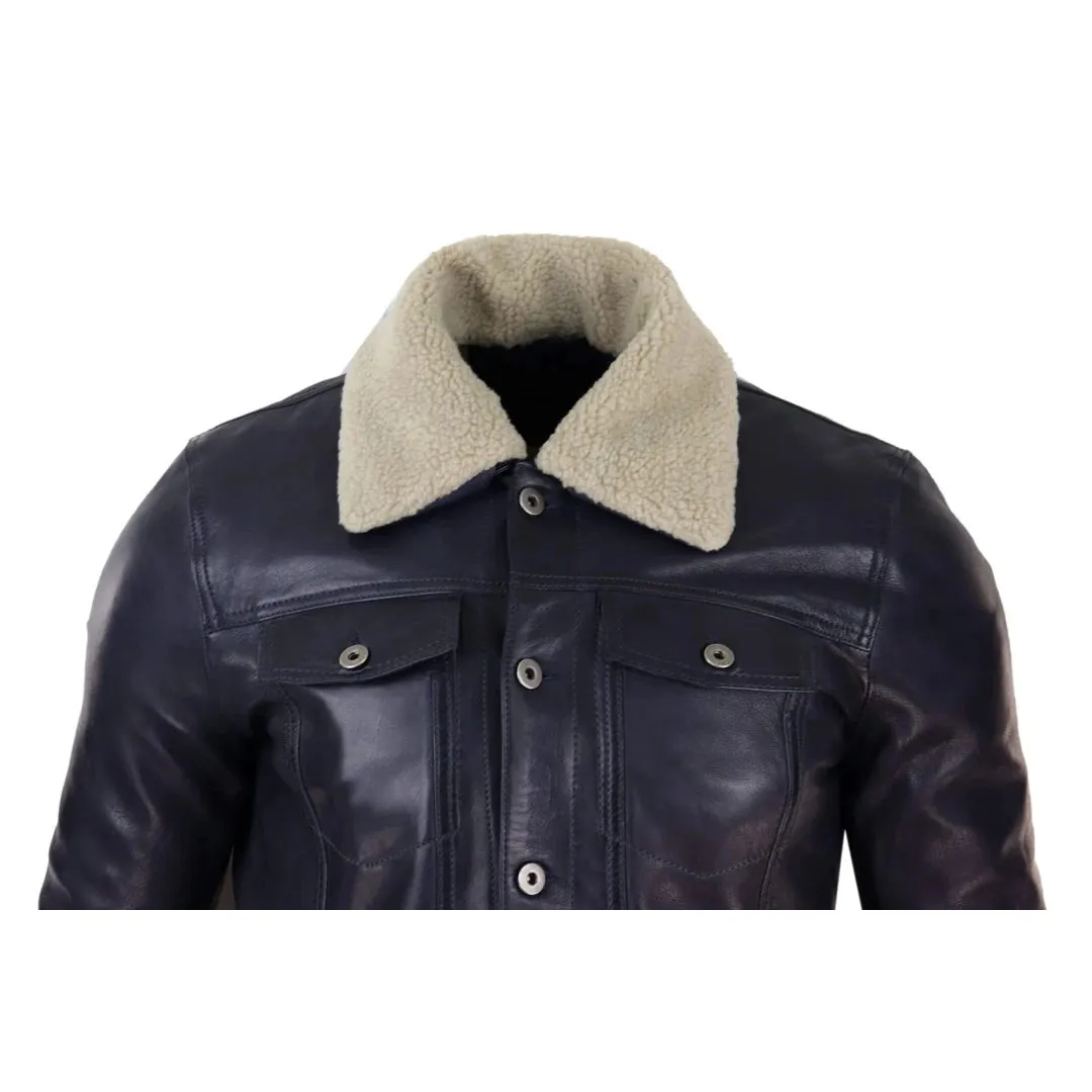 Men's Leather Jeans Jacket Fur Collar Classic Navy Blue