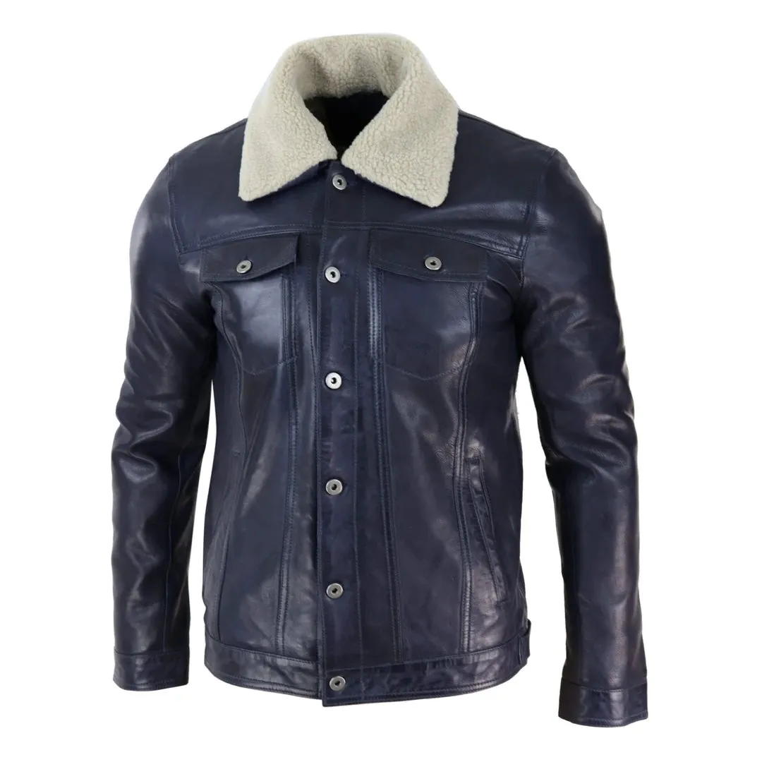 Men's Leather Jeans Jacket Fur Collar Classic Navy Blue