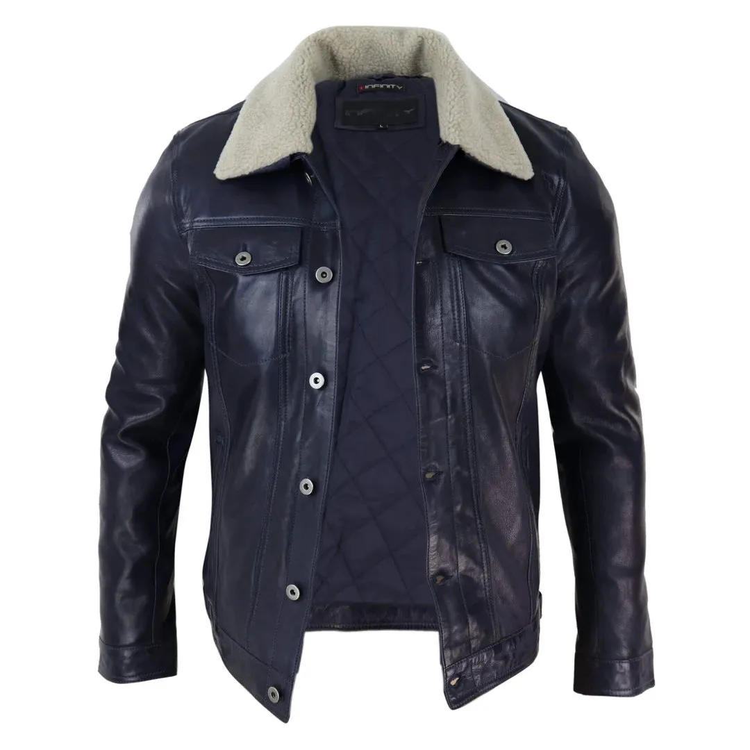 Men's Leather Jeans Jacket Fur Collar Classic Navy Blue