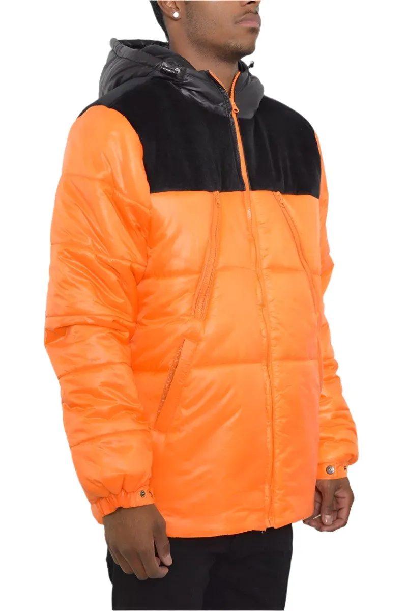 Mens Orange And Black Quarter Suede Puffer Down Jacket