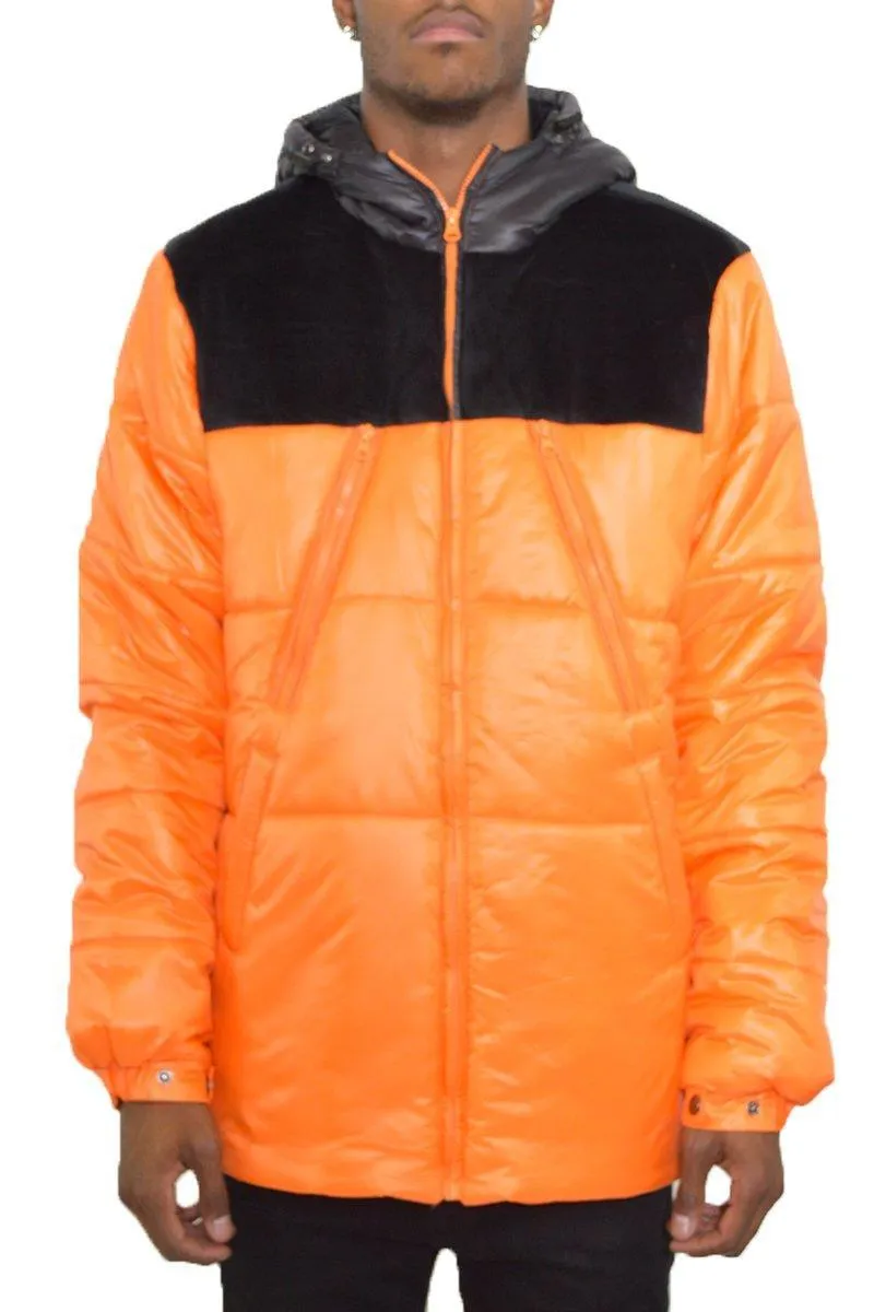 Mens Orange And Black Quarter Suede Puffer Down Jacket