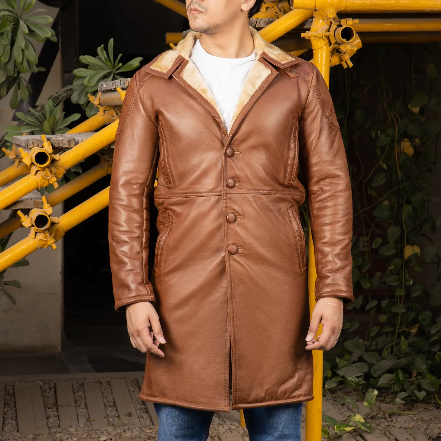 Men's Turlock Shearling Fur  Leather Winter Long Coat