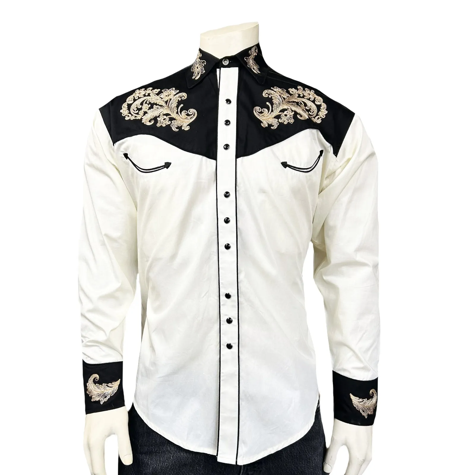 Men’s Vintage 2-Tone Khaki & Black Western Shirt with Floral Embroidery