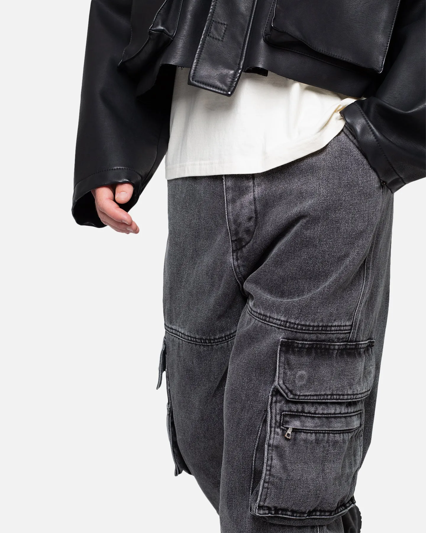 MNML Baggy Rave Cargo Denim Jeans Washed Black