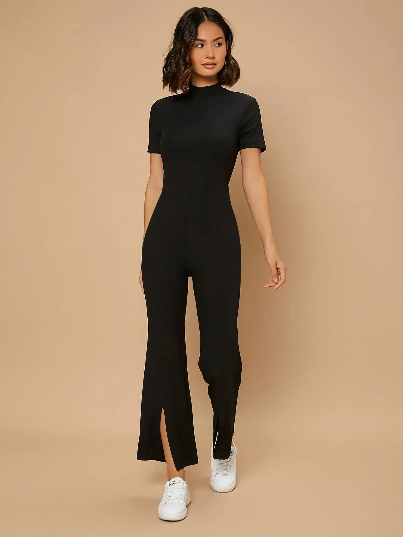 Mock Neck Split Hem Jumpsuit