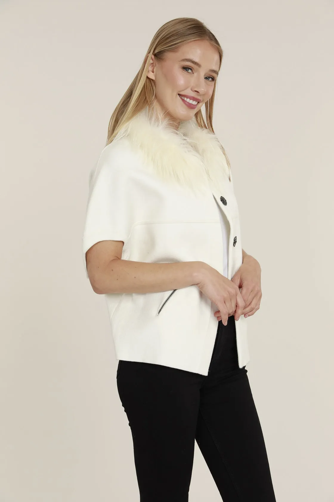 Natural Fur Collar Short Sleeve Cardigan