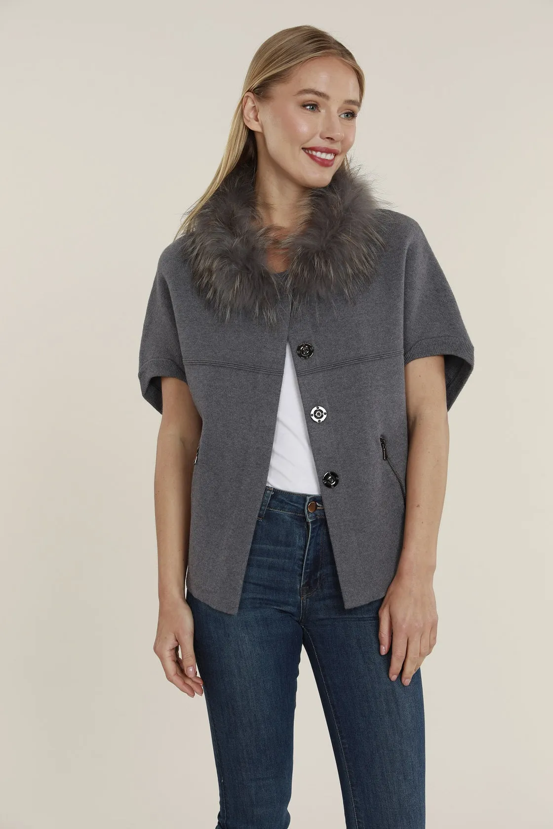 Natural Fur Collar Short Sleeve Cardigan