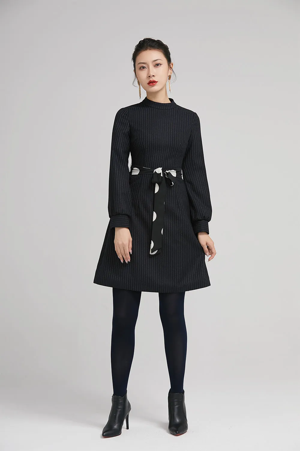 navy blue winter short wool dress with long sleeves 2239