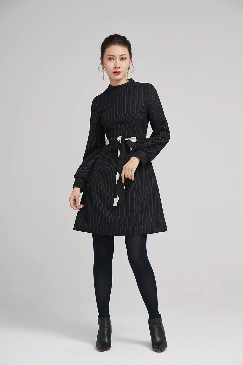 navy blue winter short wool dress with long sleeves 2239