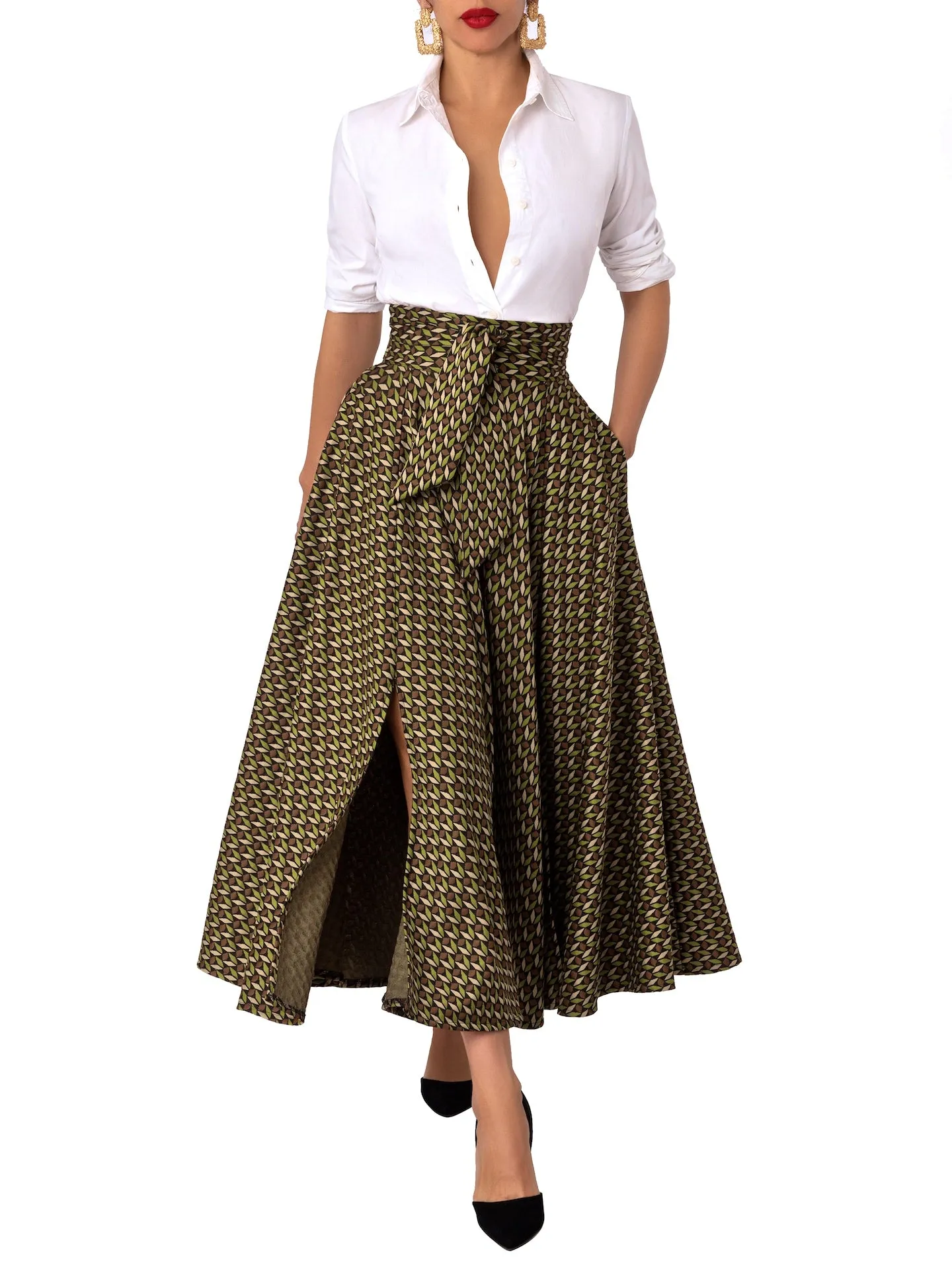 “Nora” Pattern Belted Skirt