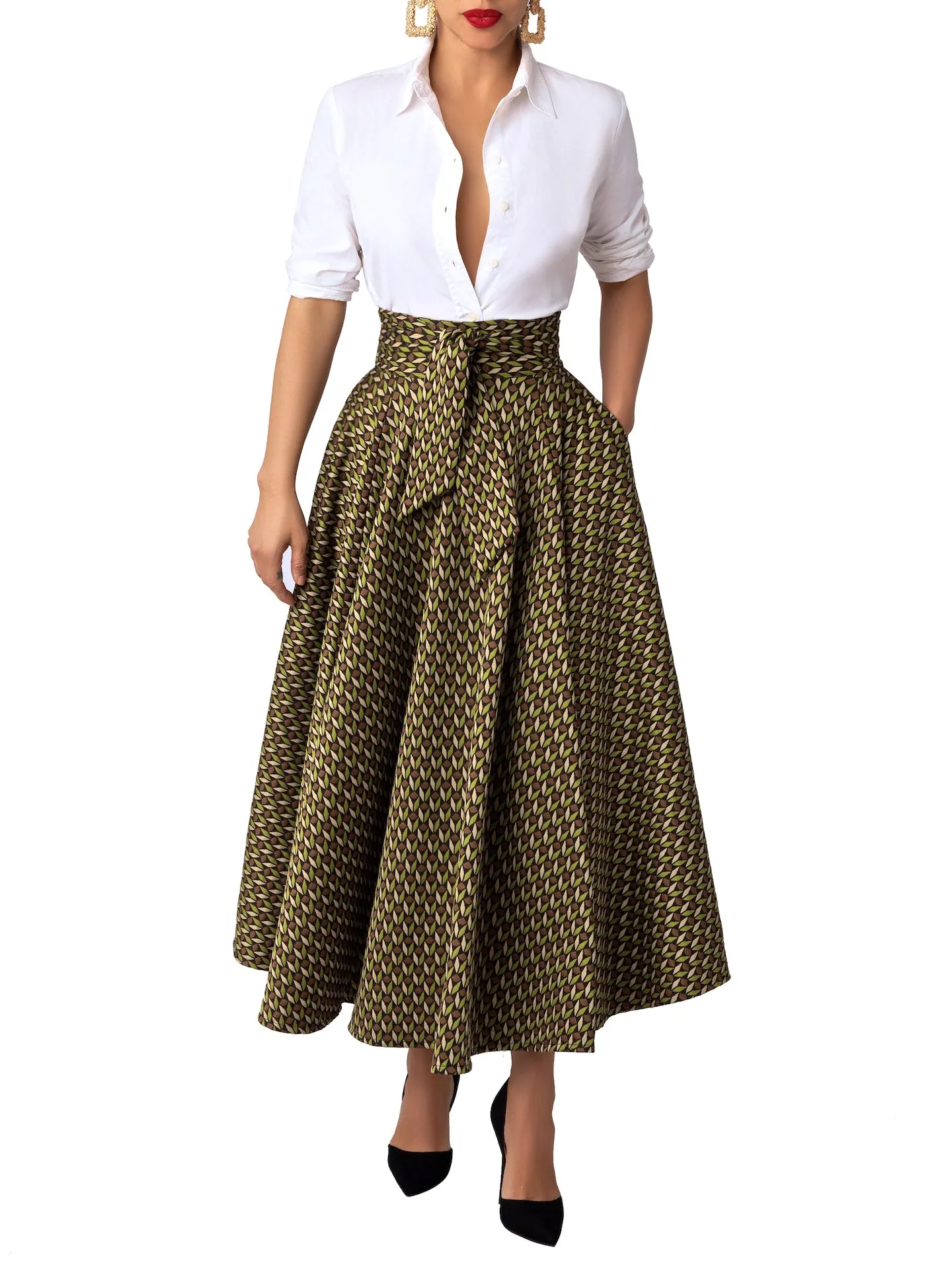 “Nora” Pattern Belted Skirt