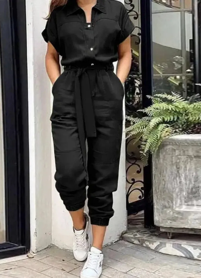 OL Work Jumpsuit Vintage Cargo Rompers Woman Lapel Neck Short