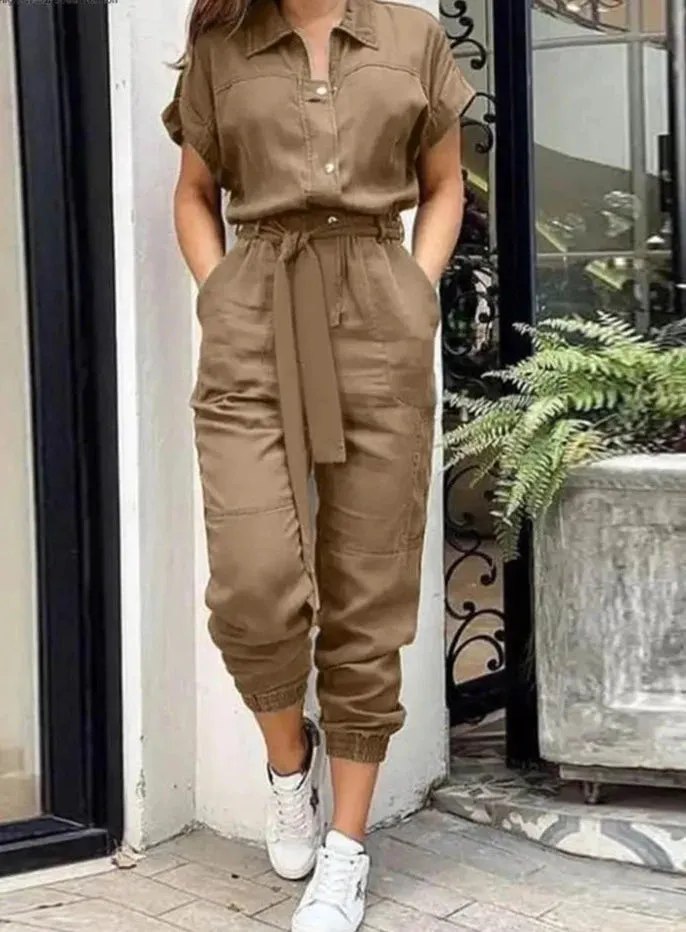 OL Work Jumpsuit Vintage Cargo Rompers Woman Lapel Neck Short