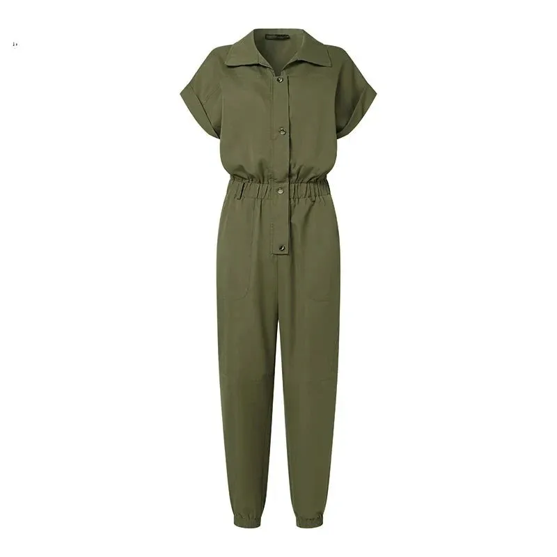 OL Work Jumpsuit Vintage Cargo Rompers Woman Lapel Neck Short