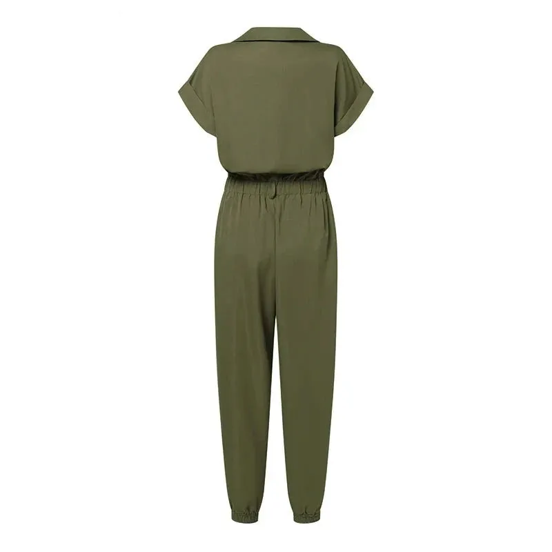 OL Work Jumpsuit Vintage Cargo Rompers Woman Lapel Neck Short