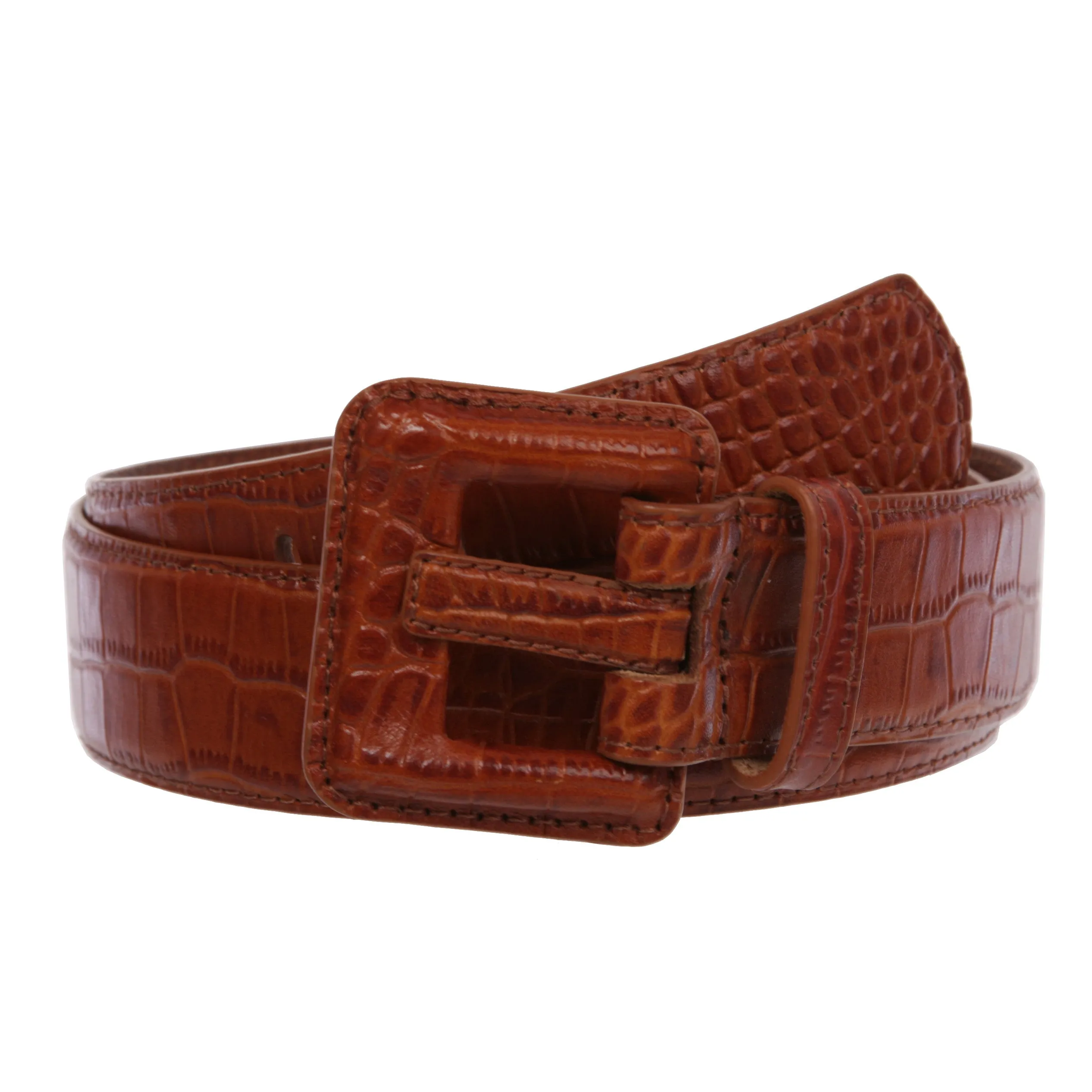 OnlineBelts Women Faux Embossed Alligator Full Grain Leather Square Belt