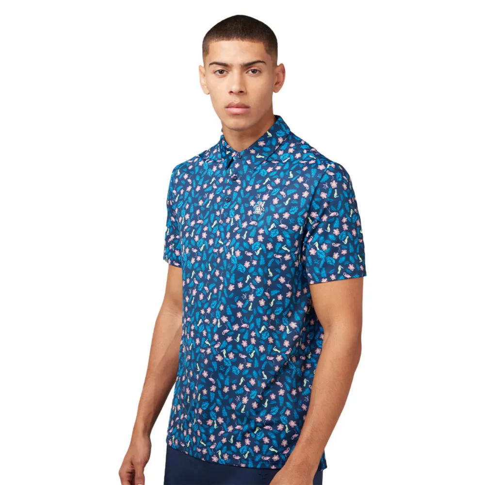 Original Penguin Mens Whimsical Tropical Print Golf Polo Shirt - BLACK IRIS