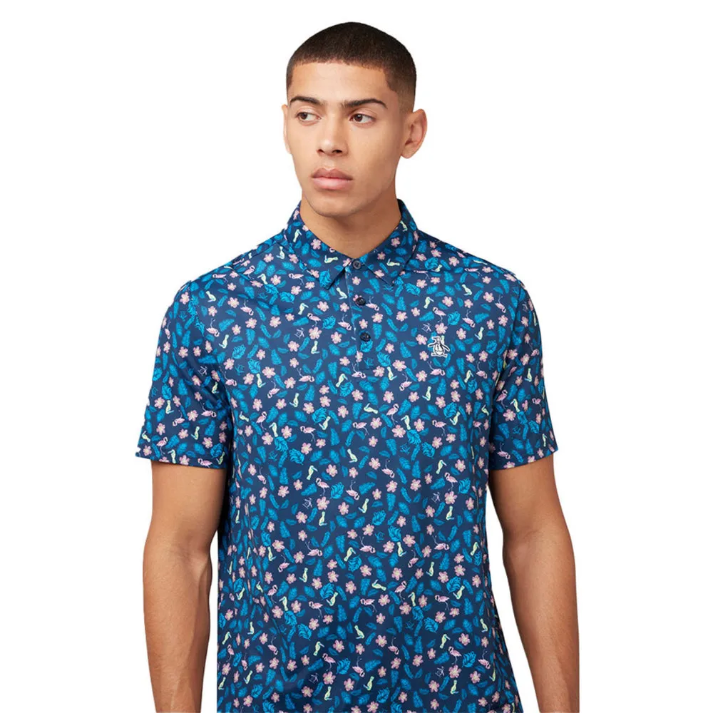 Original Penguin Mens Whimsical Tropical Print Golf Polo Shirt - BLACK IRIS