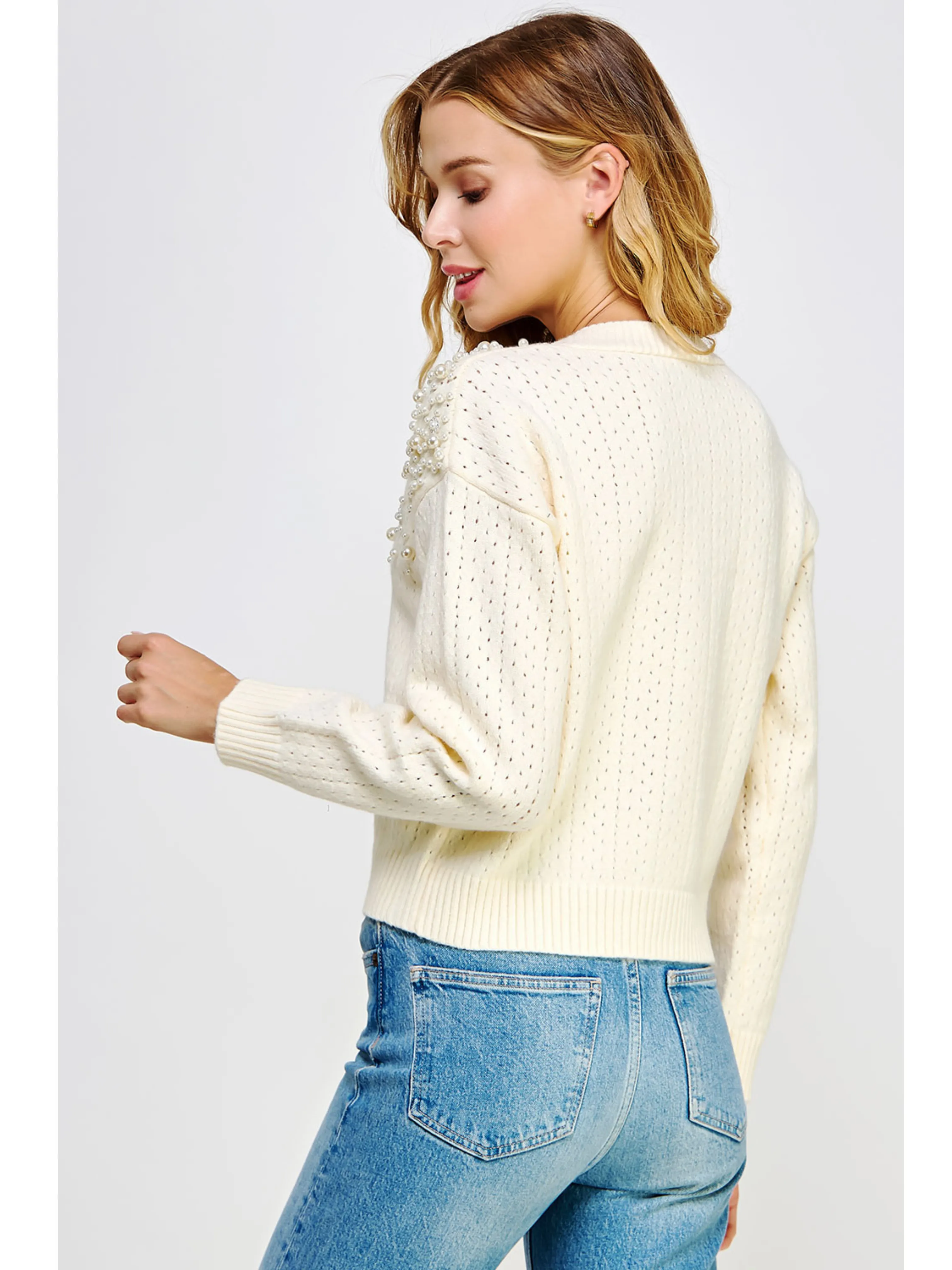 Pearl Studded Eyelet Knit Cardigan