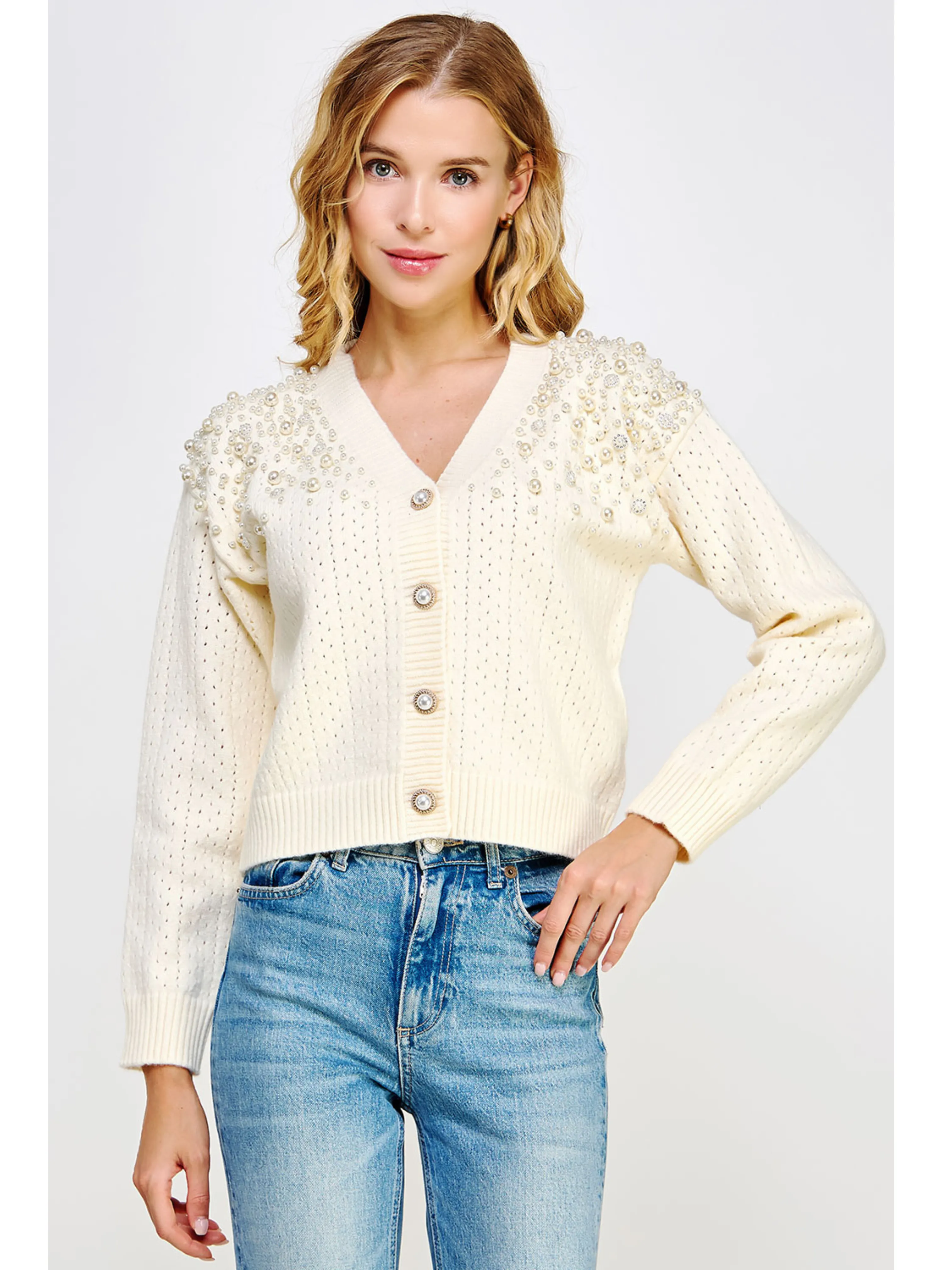 Pearl Studded Eyelet Knit Cardigan