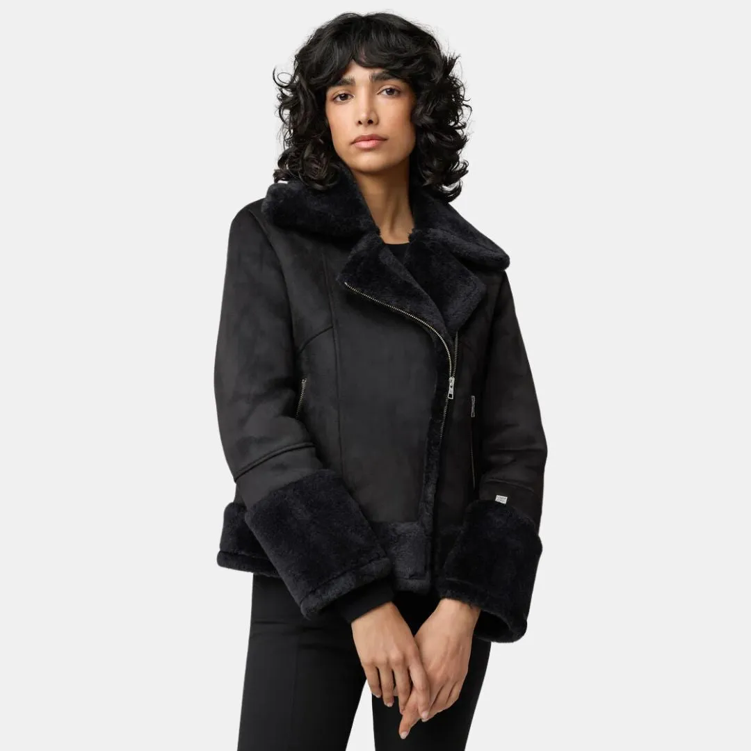 Phoebe Relaxed-Fit Luxe Faux Sherpa Biker Jacket (Black)